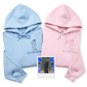 Personalized Embroidered Couple Hoodie With Custom Outline Portrait – Matching Mr And Mrs Hoodie Gift For Lovers, Anniversary Or Valentine’s Day
