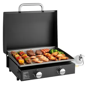 Gas Griddle, 22-Inch Portable Two-Burner Tabletop Propane Griddle With Lid, Oil Drain Hole And Oil Collection Tray, 2 X 11,000 BTU Burners, Flat Top Outdoor Grill For Camping, Tailgating, Backyard Cooking