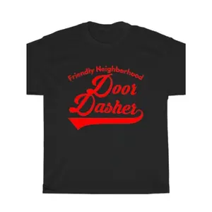 [100% Cotton] 100% Cotton DASHER Men'S DoorDash Driver Graphic T-Shirt - Black with Red "Friendly Neighborhood Doorasher" Print, Comfortable Crew Neck Short Sleeve, Regular Fit Casual Streetwear, Slight Stretch & All-Season Wear, Bold Statement Tee for Do