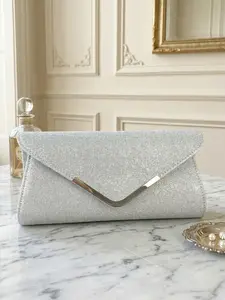 Elegant Silver Color Glitter Envelope Clutch Bag, V Metal Trim, Evening Handbag for Women, Ideal for Parties, Weddings & Formal Events