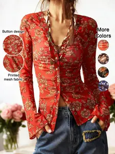 Women's Spring & Summer Floral Print Slim-Fitting Shirt, Long Sleeve Elegant Vintage Style, Casual Vacation Wear
