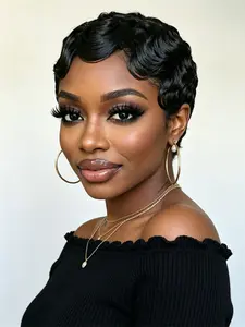Short Finger Wave Curly Pixie Cut Wig, Machine Made Human Hair Wigs for Women, Casual Daily Party Cosplay Use