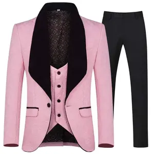 Pink Men's Three-Piece Slim-Fit Tuxedo Set Comprising a Solid Shawl-Collar Jacquard Jacket, Matching Vest, and Button-Front Trousers
