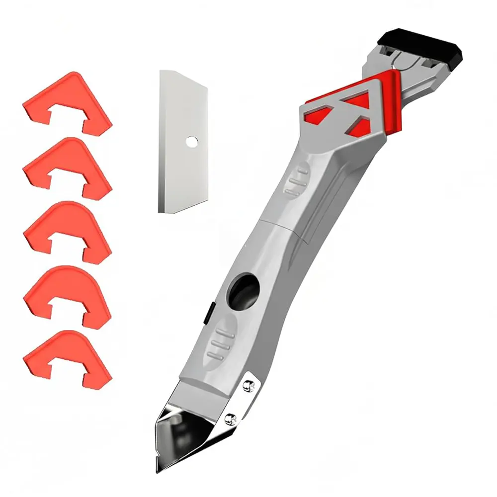 DELIXI Caulking Tool , 7 in 1 Silicone Caulk Remover and Scraper Set with Replaceable Metal Blades, Pads & Unclogging Needle, Grout Removal Tool, Grout Scraper for Bathroom Kitchen Window Sink & Tile Grout