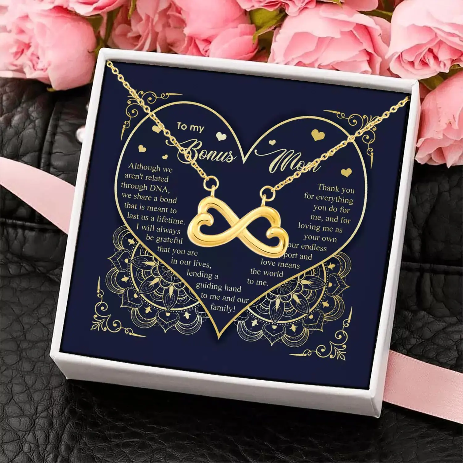 CubeBik To My Bonus Mom Although We Aren't Related Through D N A - Bonus Mom Gifts - Infinity Heart Pendant Necklace