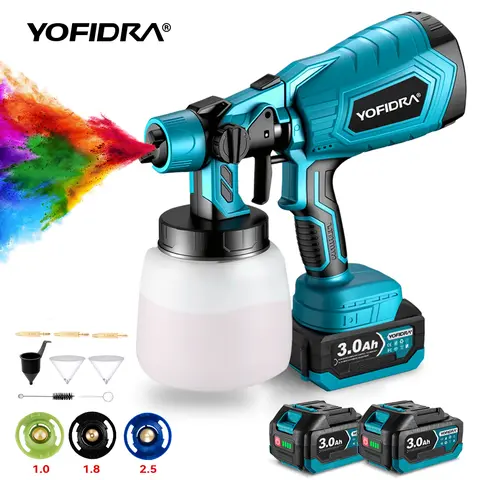 Yofidra Cordless Handheld Paint Sprayer - Wireless Spray Guns, 36000-38000RPM HVLP, 588Vf MAX 2x21V 3.0Ah Batteries for Long Jobs, 1000ml High-Capacity Container, 4 Nozzles, 3 Patterns, 2.5mm Tip, Water/Oil Base for Furniture, Home Walls