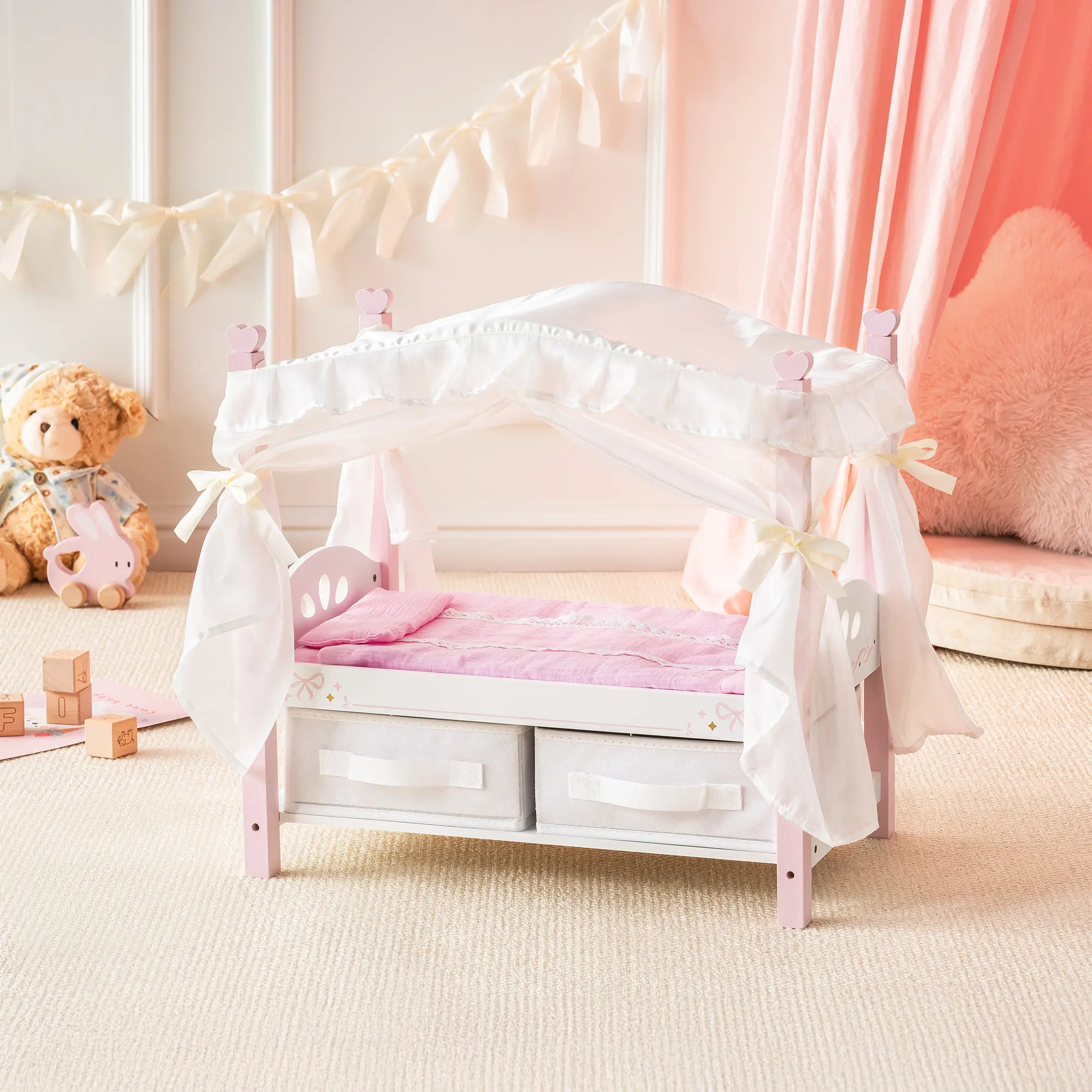 ROBUD Wooden Doll Canopy Bed for 18 Inch Dolls, Quilts & Pillows, 18 Inch Doll Furniture with Realistic Details for Pretend Play, Fits Dolls Up to 20 in, Pink for Kids 3+