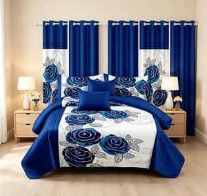 Royal Blue Gold Line Rose Print 9 Piece Bedding Set Soft Microfiber Bedspread Pillowcases and Curtains Combo All Season Farmhouse Bedroom Home Decor for Luxe Elegant Refresh