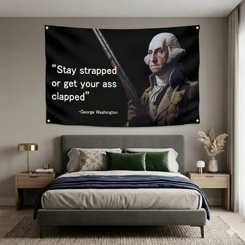 3x5Ft Synthetic Washington "Stay Strapped or Get Clapped" Wall Banner with 4 Brass Grommets, 1776 Energy Twist, Home Bedroom Decor, Man Cave Decor Items, Frat House Gifts, Indoor-Outdoor Mount Banners