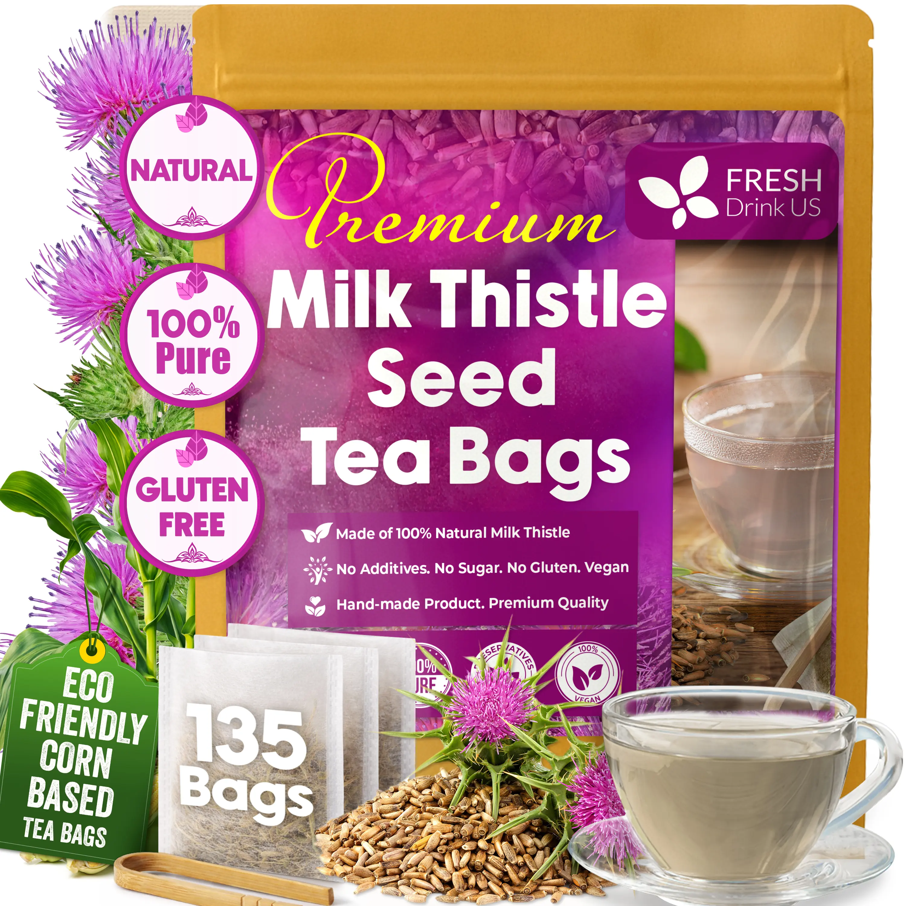 【FreshDrinkUS】 Premium 75 Milk Thistle Tea Bags, 100% Natural & Pure from Milk Thistle Seeds. Milk Thistle Seed Herbal Tea. Milk Thistle Seed Tea. Made with Natural Material Tea Bags. No Sugar, No Caffeine, No Gluten, Vegan. Beverage