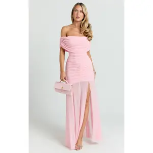 Alanna Maxi Dress - Off Shoulder Ruched Mesh Dress in Pink