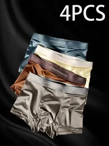 4pcs Mixed Color Lightweight Ice Silk Fitted Men's Underwear, Summer Breathable Quick-Dry Sports Trunks, Simple Solid Boy Shorts