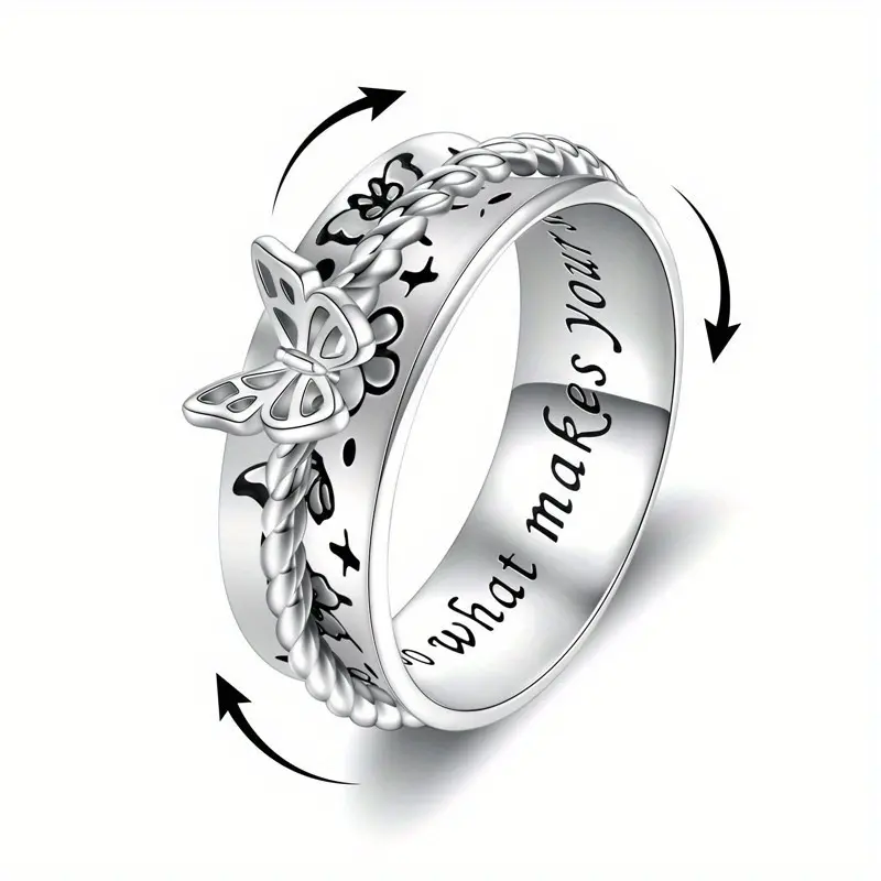 Butterfly Rotating Fidget Ring - Shiny Inlaid High-End Costume Jewelry, Stress Relief Accessory with Rotating Part, Daily Wear Gift for Women