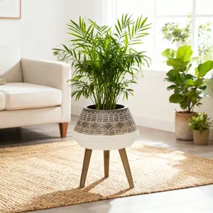 18"W Peru Fiberglass Pot on Stand Hand-Crafted Tribal Pattern Cream & Brown Planter with Legs