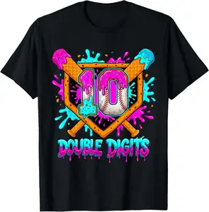 10th Double Digits Birthday Baseball Drip 10 Year Old Boys T-Shirt - Cotton Fabric Youth Boys Girl T-shirt