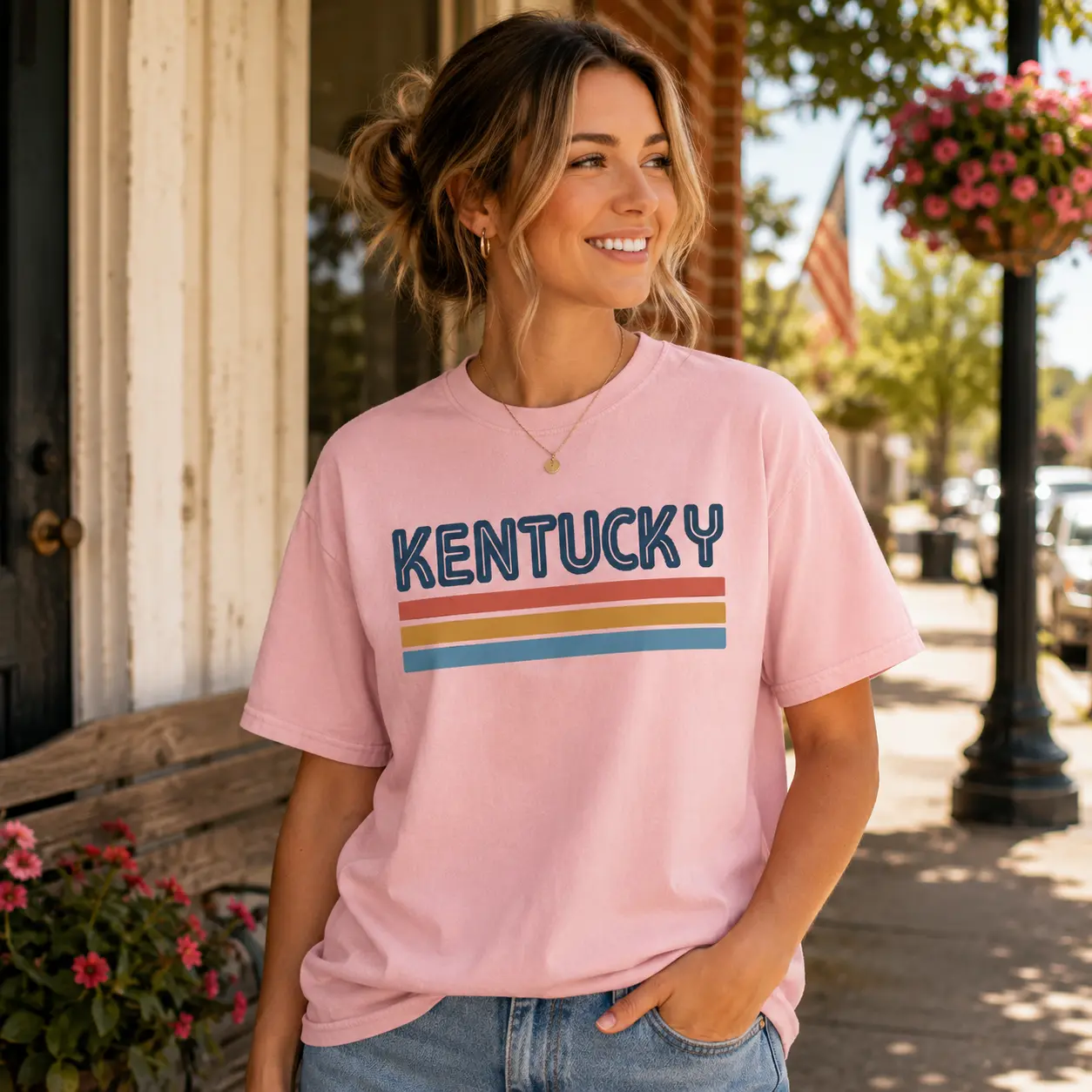 Women's Kentucky Cotton Short-Sleeve Cuffed T-Shirt - Retro Sunset Stripe Printed, Horse-Themed, Simple Traditional Aesthetics, Everyday Fit Basic Top, Style, Tee, Vintage, Shortsleeve, Fabric, Tshirt, Lady, True Size, Basic Tier, Pre-Shrunk, Round Neck