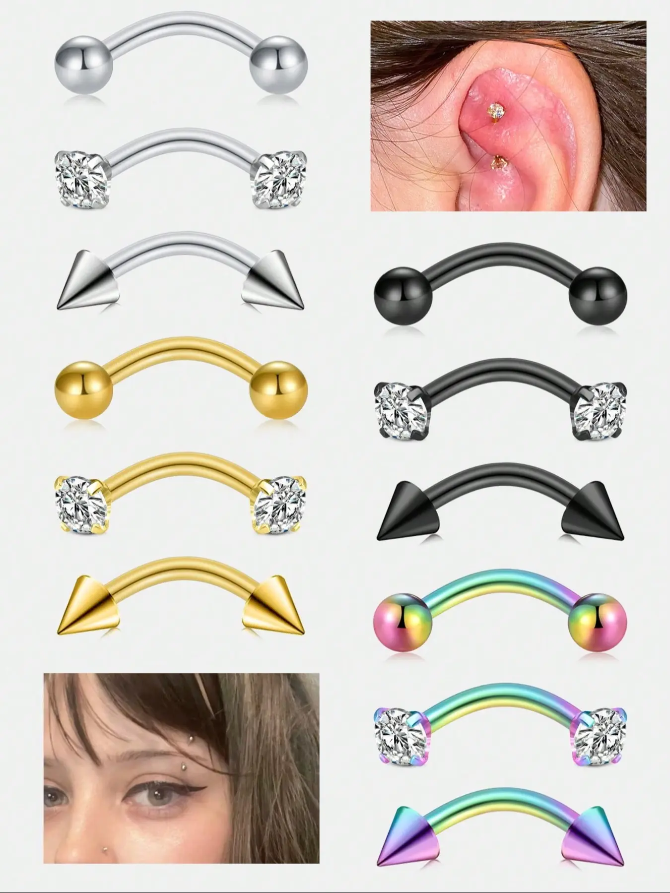 16G CZ Eyebrow Piercing Jewelry, Accessories, Curved Barbell, Rings, Body Piercing Jewelry, Vertical Labret Lip Jewelry Rook Daith Helix Earrings For Women Men 8mm Hypoallergenic Stainless Steel Helix Cartilage Piercing
