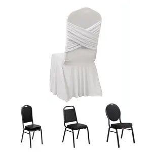 Spandex Banquet Chair Cover with Ruffle Pleated Skirt Cross Back Sash – White Stretch Fitted Slipcover for Weddings & Events