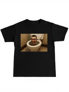 Skibidi Toilet Horror Print T-Shirt, Funny Shocking Style Short Sleeve, Loose Fit Unisex Casual Top, Long Clothing for Men and Women