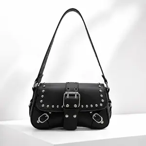 Trendy New Studded Motorcycle Underarm Bag for Women, Premium Textured Rivet Shoulder Crossbody Purse, Fashionable Y2K Baddie Grunge Aesthetic Baguette Bag, Versatile Top-Handle Handbag, Unique Edgy Punk Biker Satchel Gift for Her
