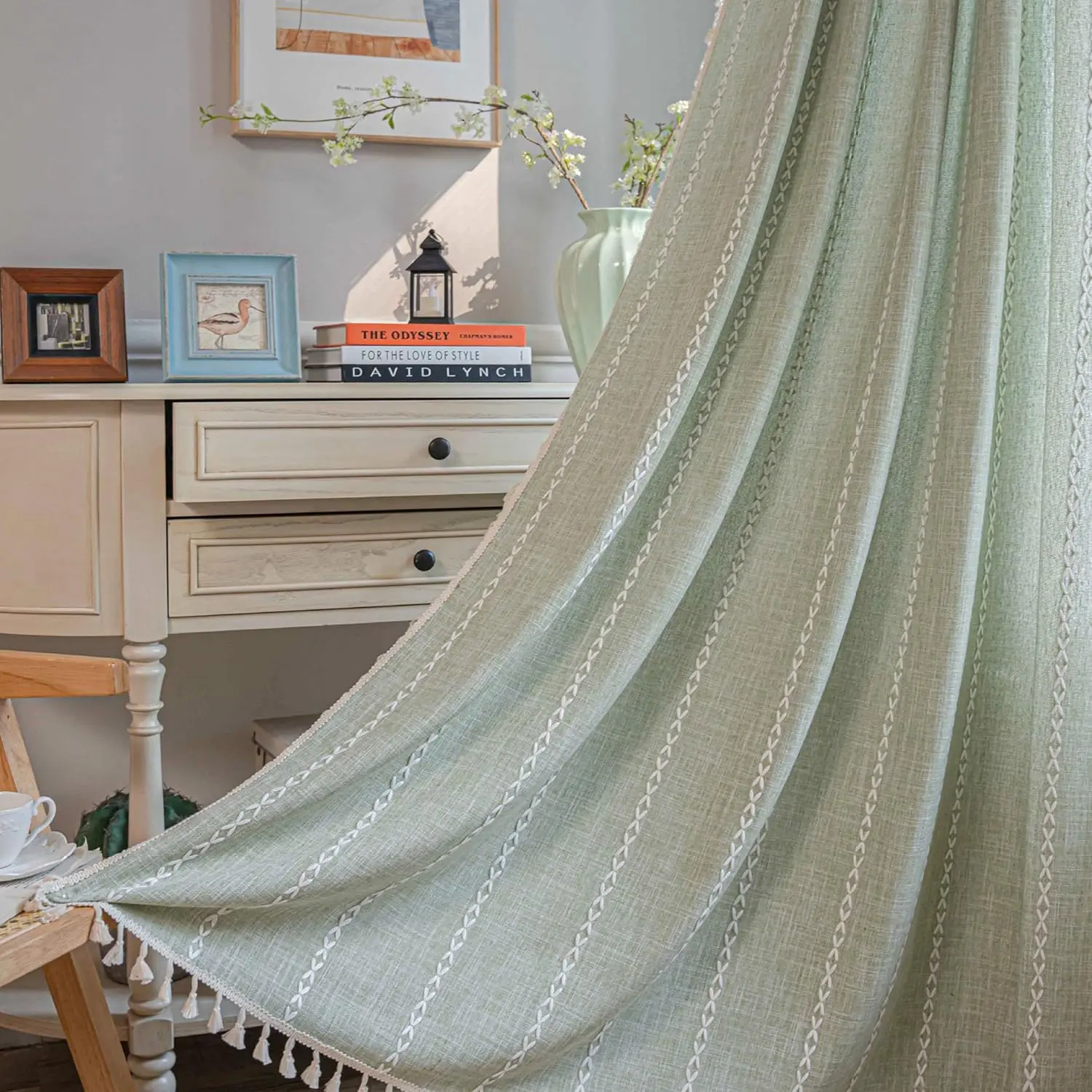 Sage Green Boho Farmhouse Curtains for Bedroom Living Room Semi Blackout Cotton Linen Curtains 63 Inch Long  Country Cute Textured Window Curtain Bohemian Chic Tassel Draperies 55"W x 63"L