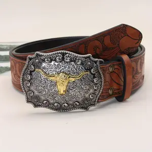 Men's Wide Western Cowboy Belt with Bull Head Buckle - Vintage Embossed PU Strap for Casual Outdoor & Party Wear, Durable Gift for Men, Cowboy Accessories