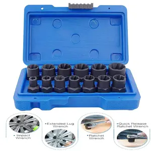 13Pcs Stripped Bolt Extractor Set, Chrome Vanadium Steel Nut Remover, 3/8” Drive, Spiral Teeth Tight Grip, 8-19mm Sizes with Storage Box for DIY Auto Repair