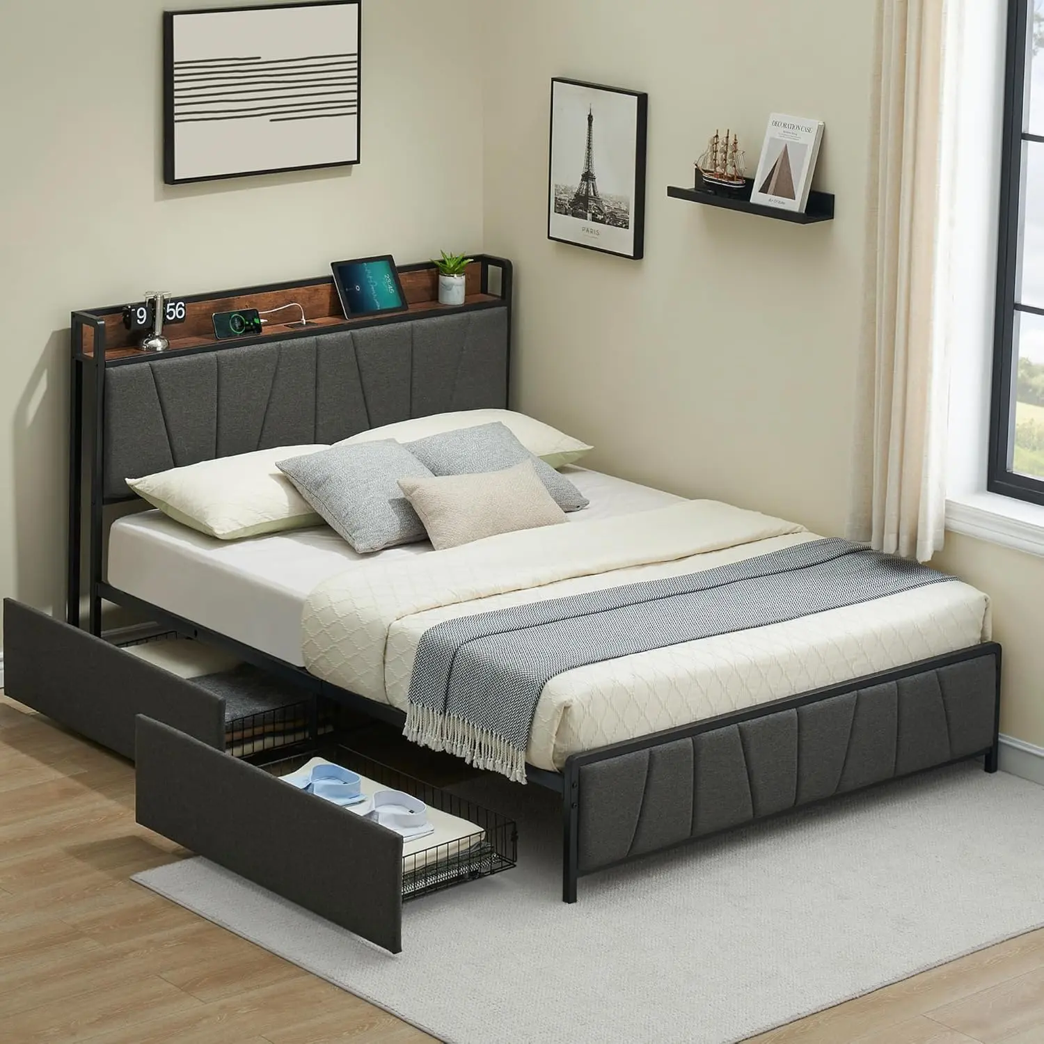 Rustic Linen Upholstered Queen Size Bed Frame - Metal Platform Bed Frame with 2 Smooth Wheel Drawers, Headboard, USB Charging Ports, Metal Slats, Heavy Duty, No Box Spring Needed, Silent, Easy Assembly Required