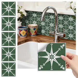 24PCS FHZ Classic Art Tile Stickers | Dark Green-White Star Pattern PET Matte Peel-and-Stick Backsplash | Waterproof Oil-Proof for Home & Office DIY Renovation
