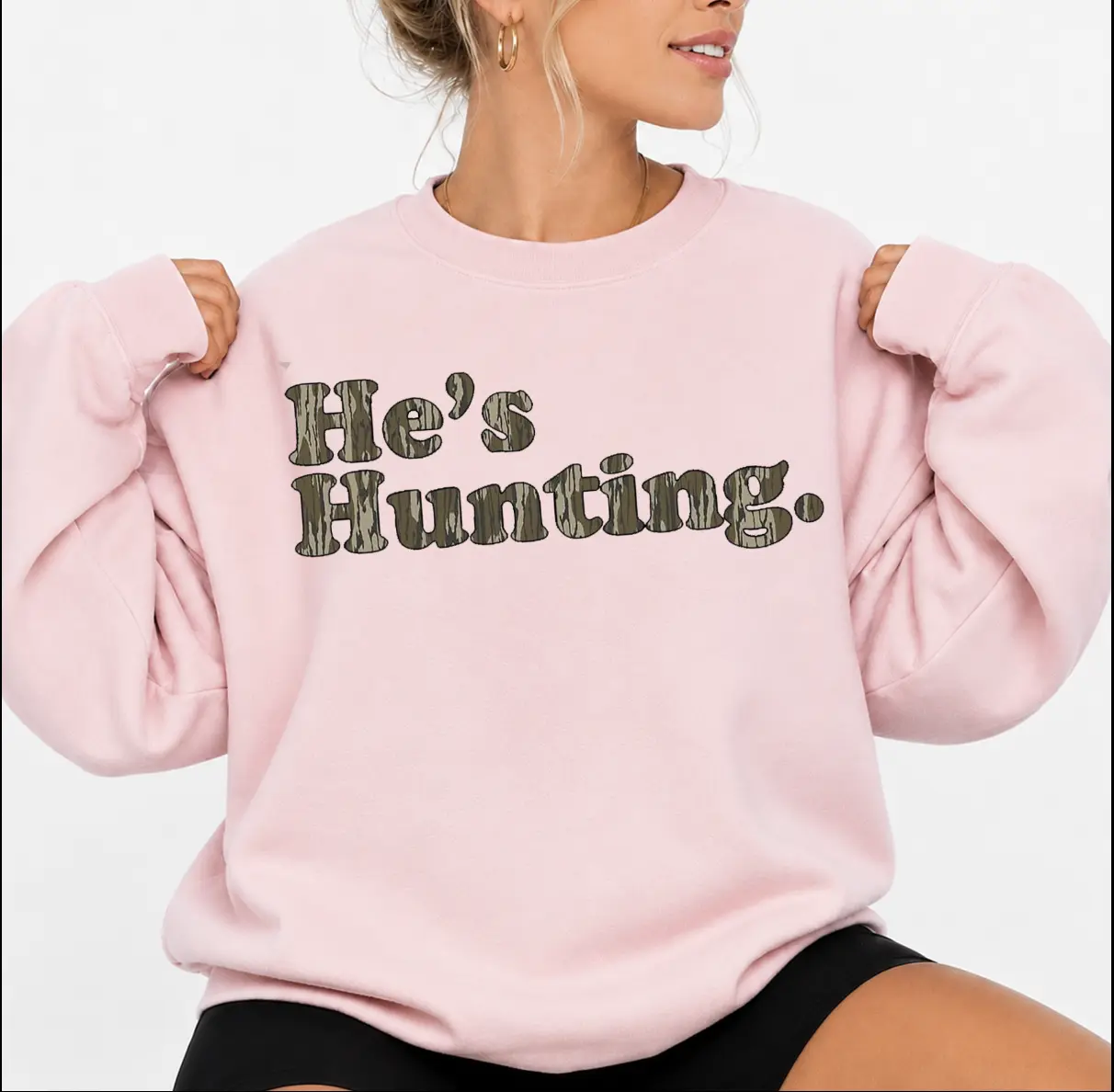 He is Hunting Camoflauge Bottomland Crewneck Women's Pullover Sweatshirt, Hunting Camo Apparel, Outdoor Lovers Shirt, Hunting Outfits