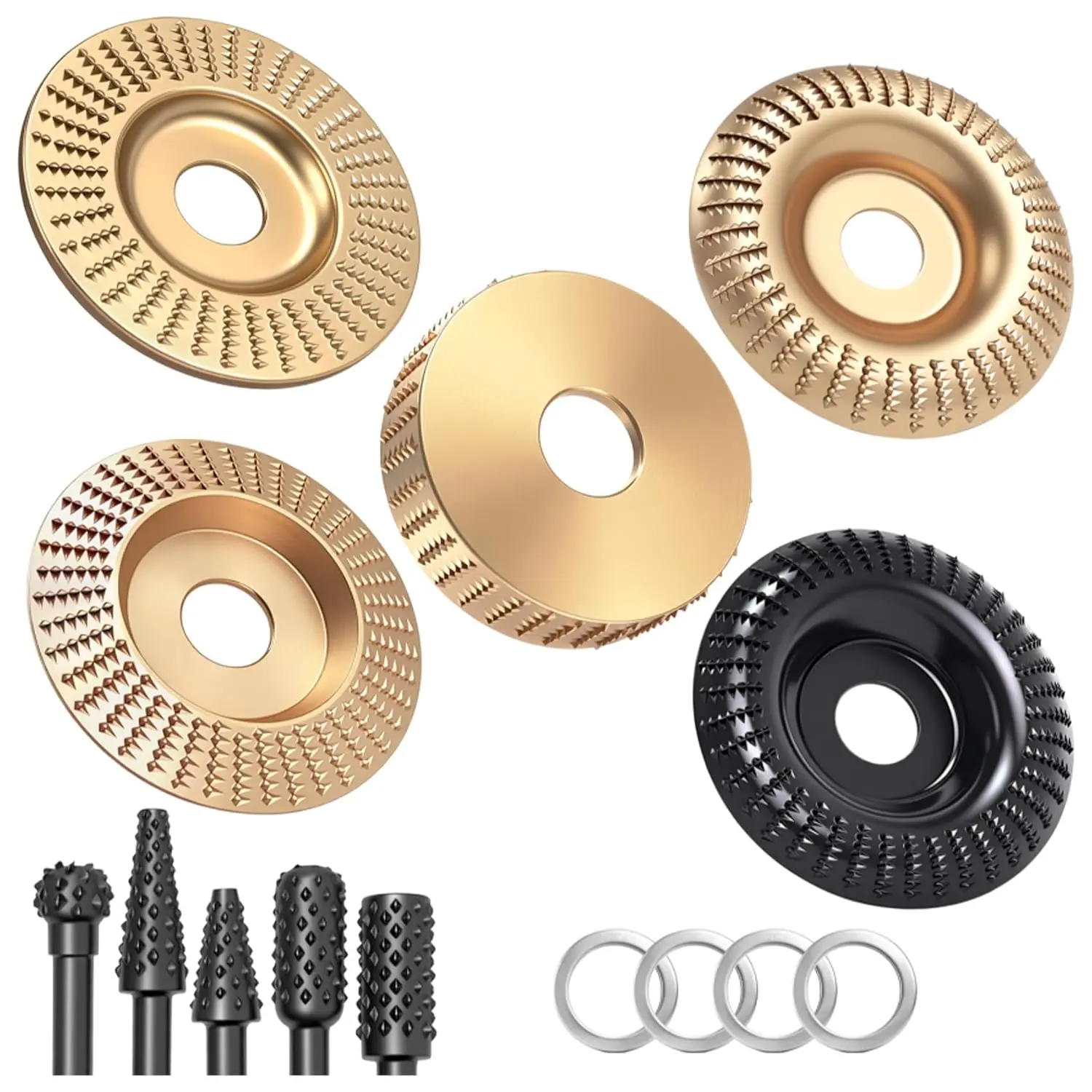 14Pcs Wood Carving Disc Set for Angle Grinder, 4" & 4.5" Wood Shaping Disc & Grinding Wheel, Carbon Steel Carving Discs with Rotary Burrs, 5/8" & 7/8" Adapter Rings - Home Improvement.