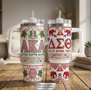 Sorority 40oz Tumbler with Handle | AKA Alpha Kappa Alpha & DST Delta Sigma Theta Bling Rhinestone Insulated Travel Mug | Greek Life Sisterhood Gift