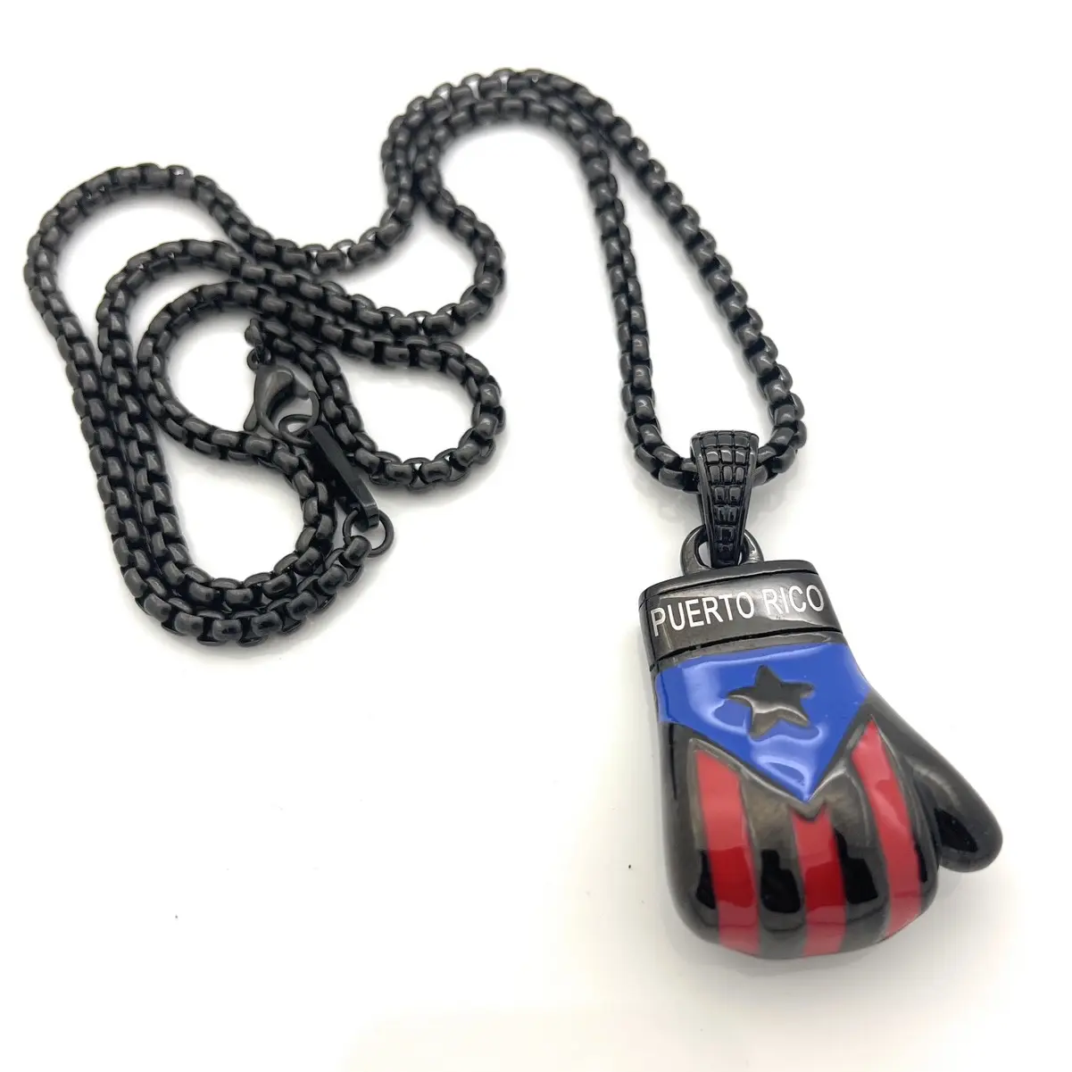 Papiichulo Boricua Large Boxing Glove with Pendant Featuring "PUERTO RICO" Text, Black Braided Design, and Star Detail