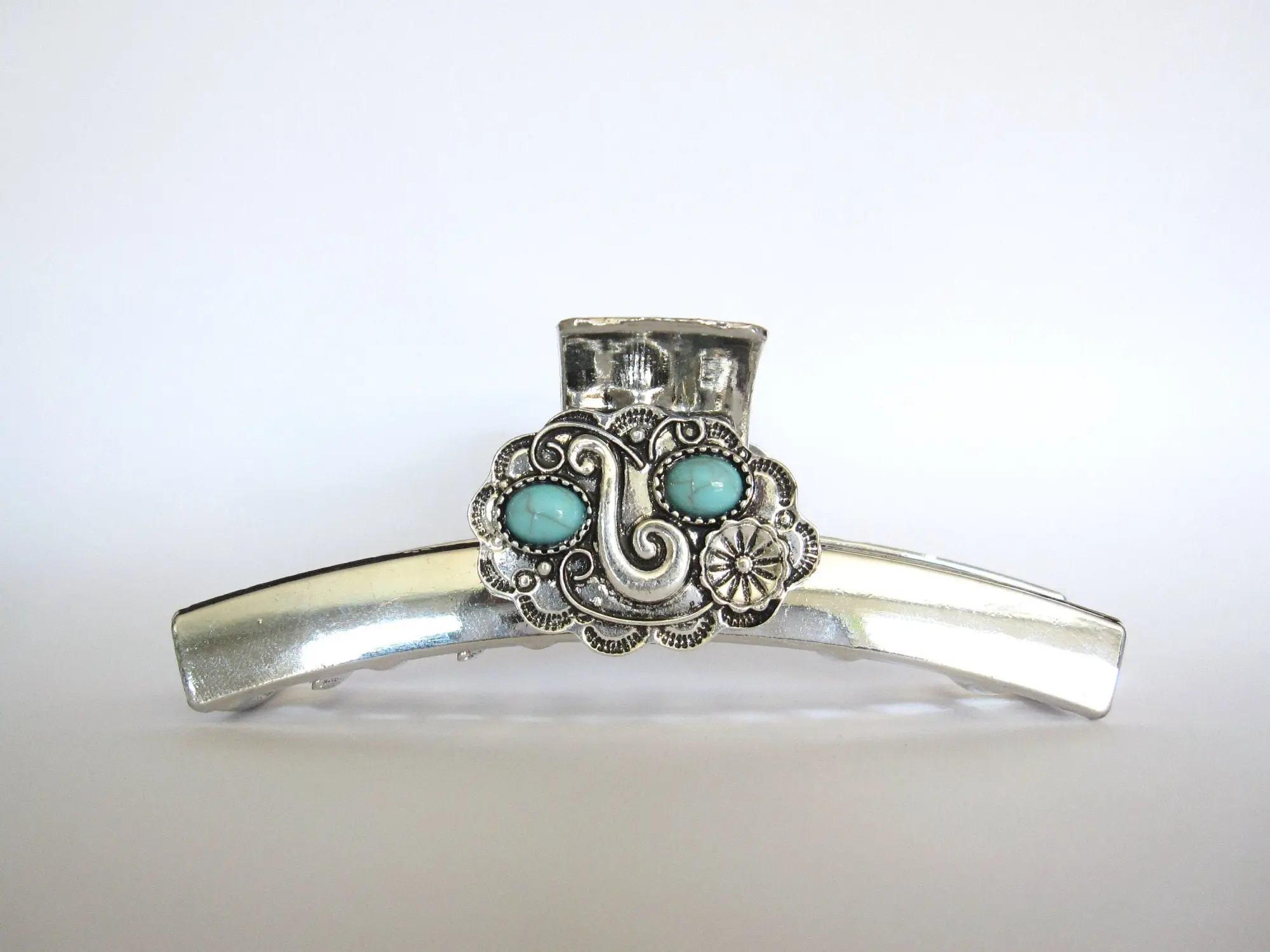 Long shiny turquoise blue silver western design metal native tribal hair claw clip