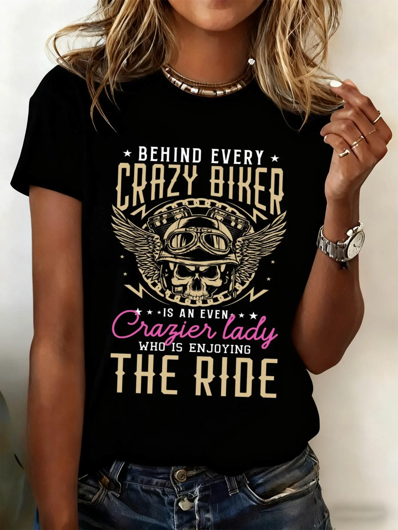 Men's Funny Motorcycle T-Shirt - Behind Every Crazy Biker Wife Suitable for Motorcycle Moms, Soft 180GSM Heavyweight Shirt, Loose Fit Casual Riding Apparel, & Gifts for Motorcycle Wives, Biker Apparel