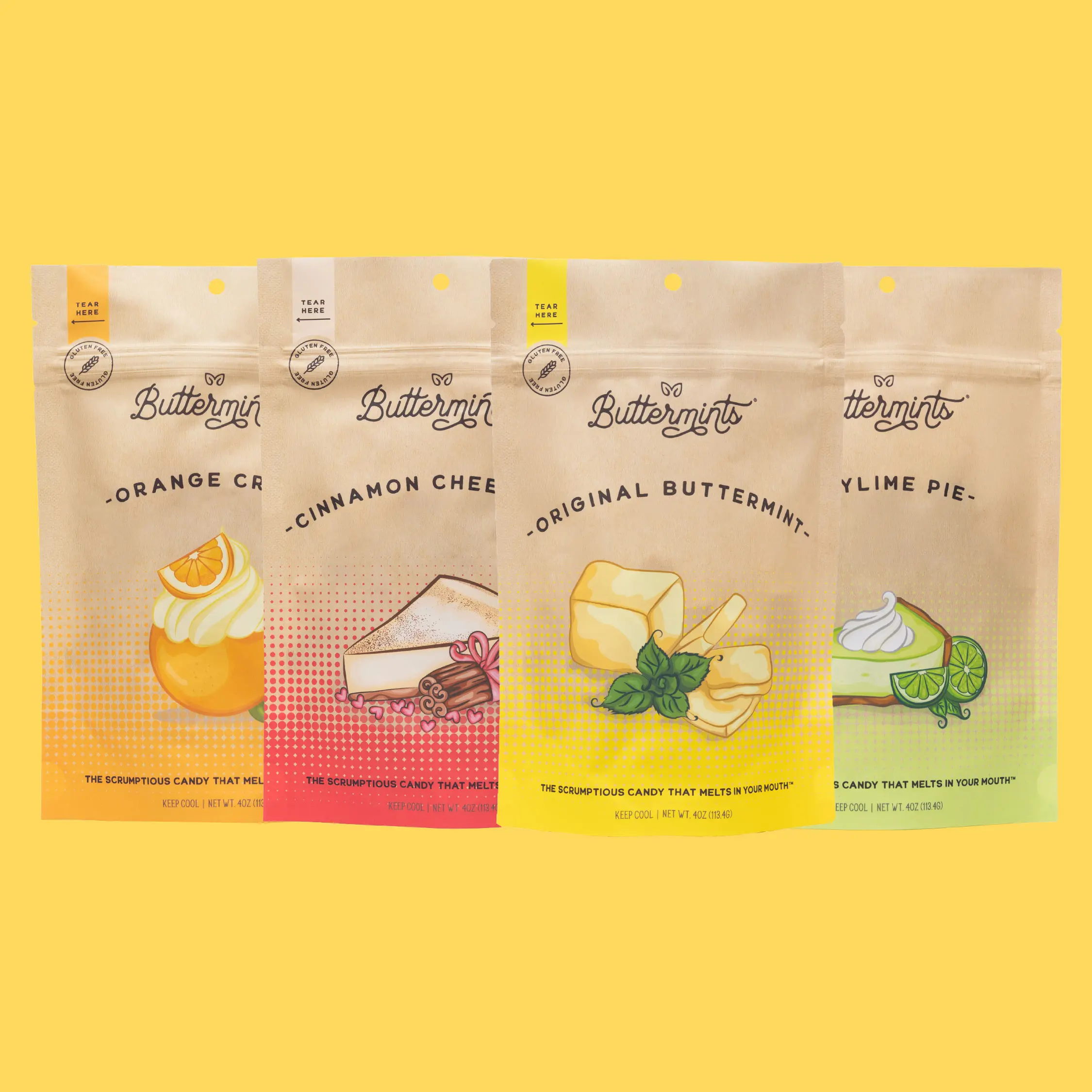 Buttermints 4 Flavor Assorted Variety Pack & Fan Favorite | Original, Key Lime Pie, Orange Cream & Cinnamon Cheesecake, Coconut Cream, Raspberry Cream Handcrafted Mints Nostalgic Candy  Scrumptious