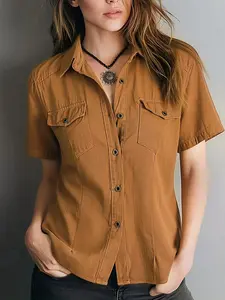 Women's Summer Classic Retro Western Style Shirt, Double Pockets, Turn-Down Collar, Washed Short Sleeve, Casual Daily Wear