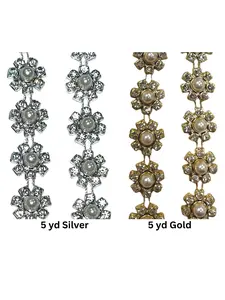 Flower Trimmings with Pearls 5yds - Gold or Silver