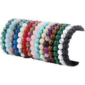 15 Pcs 8mm Healing Stone Beaded Bracelets for Women Men Stones Beaded Bracelets Unisex Adjustable Stretch Bracelets