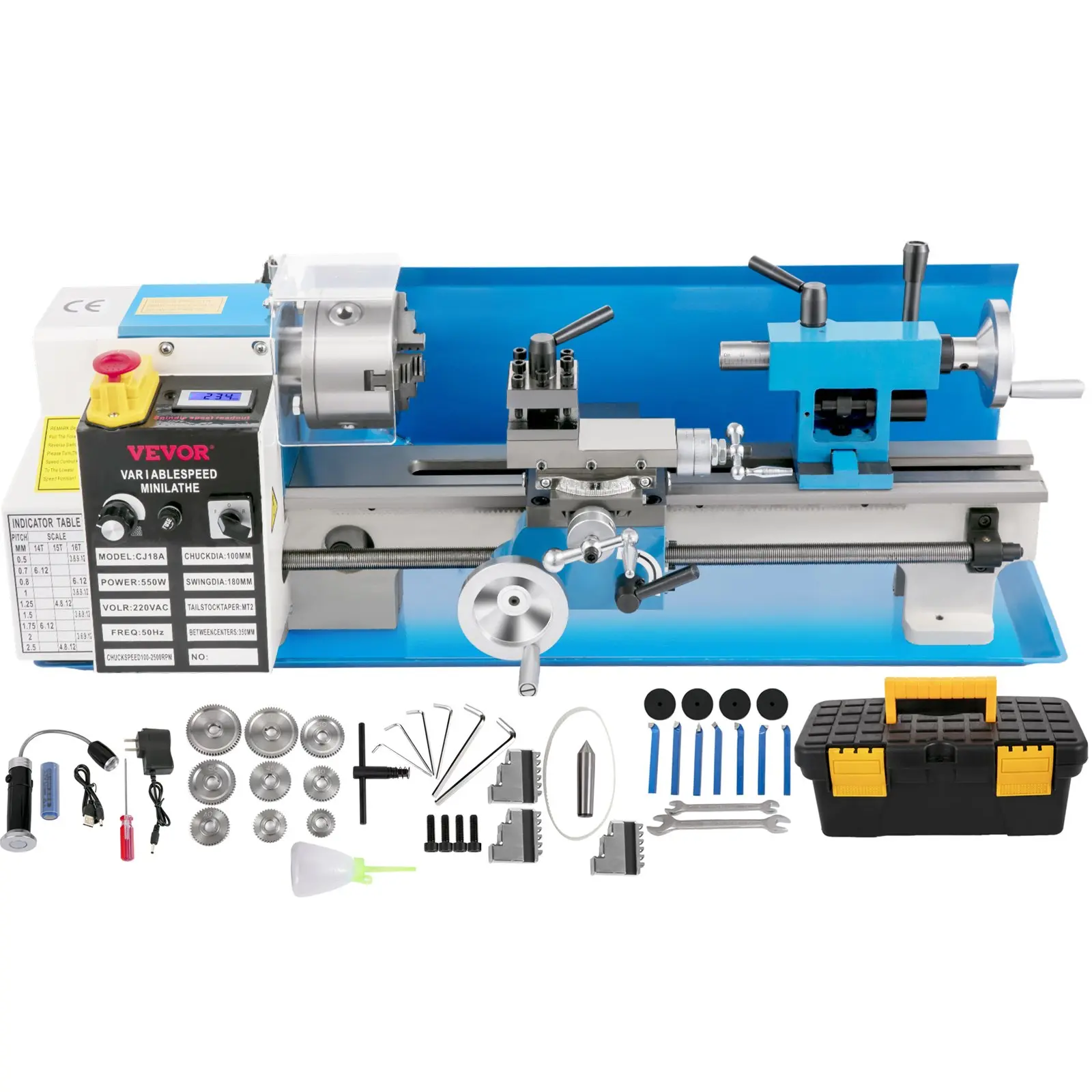 【toolupgrade】VEVOR Compact Metal Lathe, 7x14, Desktop Metalworking Lathe, 550W, Adjustable Speed up to 2250 RPM, Includes 3-jaw Chuck and Digital Display, Precision Crafting Lathe with Tool Box for Metalworki