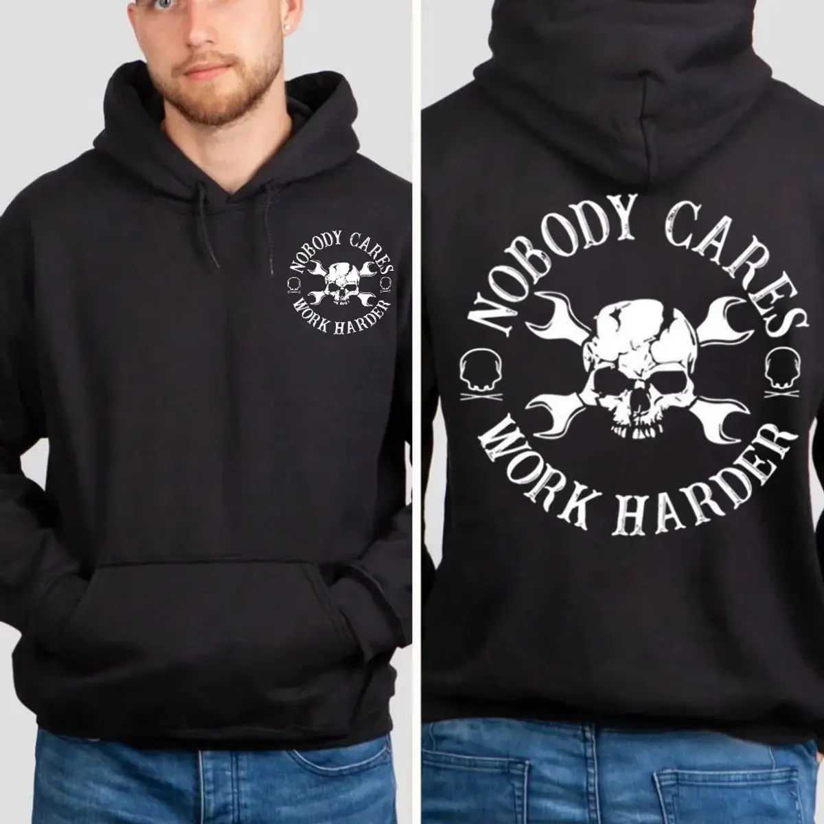Nobody Cares Work Harder, Gym Rat Double Sided Shirt Sweatshirt Hoodie, Weightlifting Shirt, Workout Top Funny Skull Men, Unisex Sweater Pullover Tee