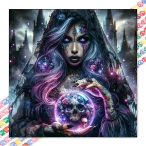 1pcs 5D DIY handmade diamond painting kit, 5D diamond art set, DIY decoration, purple hair, skull crystal ball, rose pattern diamond painting kit full round drill DIY, mosaic, diamond art, DIY art home decoration, suitable for Halloween and Christmas.
