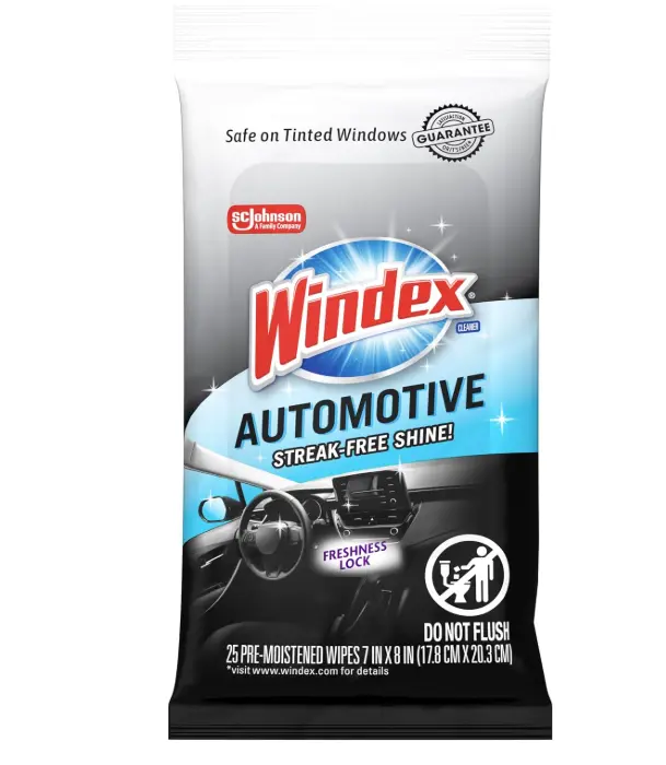 Windex Auto Wipes for Car Windows, Mirrors and Screens, Pre-Moistened Car Cleaner Wipes for Quick Streak-Free Shine, Guaranteed Safe for Tinted Windows and Electronics, 25 count (Pack of 1)