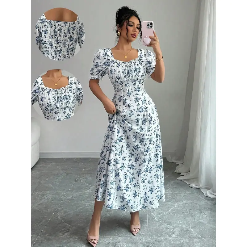Elegant Women's Ditsy Floral Print Square Neck Dress, Boho style woven, Bohemian daily wear, Ruffled Hem and Short Sleeves, Perfect for Spring/summer, Stylish, Comfortable, Feminine, Elegance, Casual and Womenswear