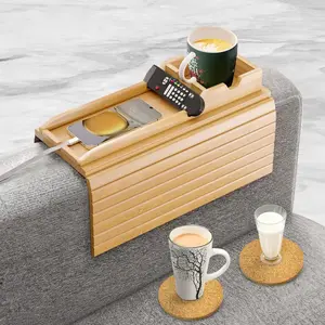 Bamboo Couch Cup Holder Tray with 2 Cork Coasters, Couch Caddy, Anti-Slip Foldable Armrest Sofa Tray, Couch Armrest Table