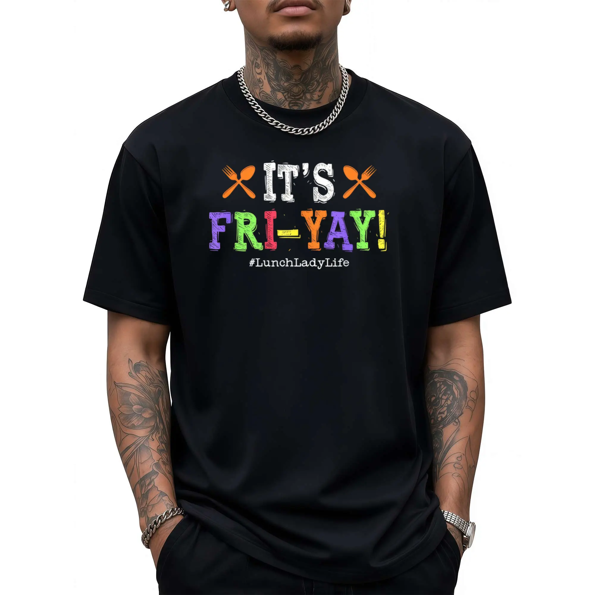 Men's Retro Lunch Lady T-Shirt - #LunchLadyLife Print & School Cafeteria Design, Short Sleeve Round Neck Comfort Fit Tee Suitable for Casual Wear, Themed Events, Cafeteria Parties, Machine Washable