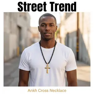 Ankh Cross Natural Black Onyx Gemstone Energy Necklace, Luck Jewelry Gift for Him/Her for Christmas, Father's Day men