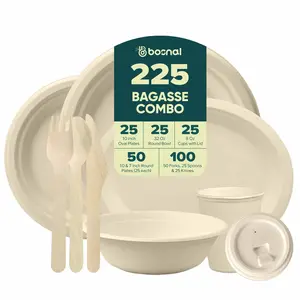 Bosnal – Sugarcane Bagasse Compostable 10 inch & 7 inch Round Plates, 10 inch Oval Plates, 32 Oz Bowls, 8 Oz Cups with Lids & Cutlery
