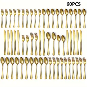 Stainless Steel Cutlery Set, 30/60pcs Dinnerware Service Set Including Dinner Spoon, Tea Spoon, Dinner Fork, Salad Fork, Dinner Knife, Ideal for Home, Restaurant, Parties & Wedding