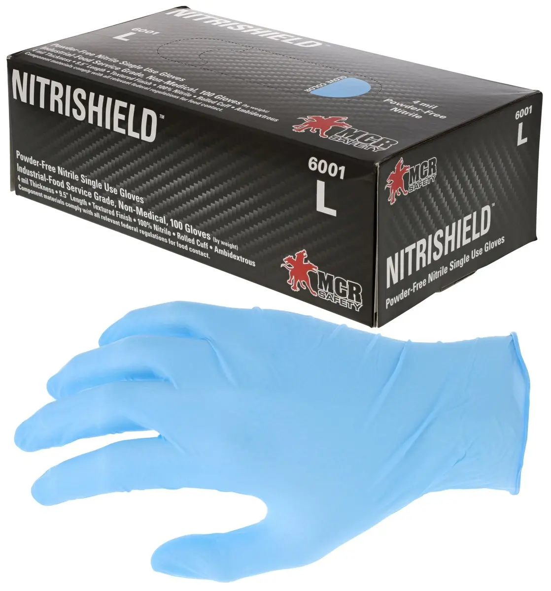MCR Safety 6001 NitriShield Disposable Nitrile Gloves, Powder-Free, Durable Industrial Home Cleaning Gloves
